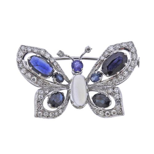 18k Gold Diamond Moonstone Sapphire Butterfly Brooch