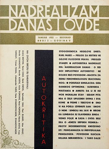   Nadrealizam danas i ovde (Surrealismus hier und jetzt). Jahrgang 2, Nr. 2 (Januar 1932).Mit vier Phototafeln mit Repros von 12 Werken sowie beiliege