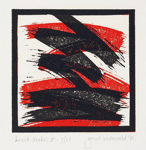 Westerveld, Gerrit Brush Strokes. Mappe mit 10 Farbholzschnitten in Schwarz und Rot auf Fabriano Bütten. Bergen op Zoom, Selbstverlag des Autors, 1985