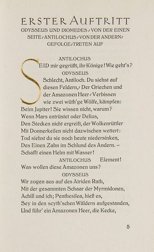 Kleist, Heinrich von Penthesilea. Ein Trauerspiel. Frankfurt, Kleukens-Presse, 1921. (6), 169, (9) S. Handgebundener Originalpergamentband mit Fileten