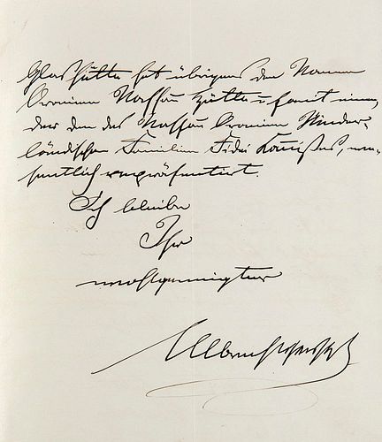 Albrecht, Prinz von Preußen Eigenhändiger Brief mit Unterschrift an den Appellationsgerichts-Rat Dr. Witte. Hannover, 30. Aug. 1876. 3 S. auf 1 Doppel