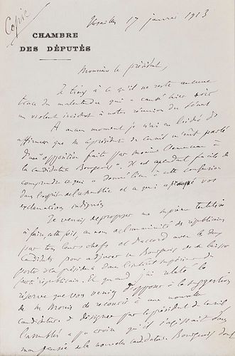 Buisson, Ferdinand Eigenhändiger Brief mit Unterschrift an den Präsidenten der Abgeordnetenkammer. Versailles, 17. Jan. 1913. 2 S. auf 1 Doppelblatt (