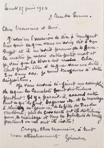 Gérardin Eigenhändiger Brief mit Unterschrift an Charles Maurras. Paris, 23. Juni 1923. 1 S. auf 1 Bl. (ca. 15,3 x 10,4 cm).