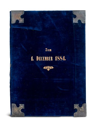   Urkunde zu 50 Jahren ununterbrochener Amtstätigkeit für den Herrn Landdrosten Johannes Schrader (1873-1885) in Lüneburg. Rot u. blau rubrizierte Hs.
