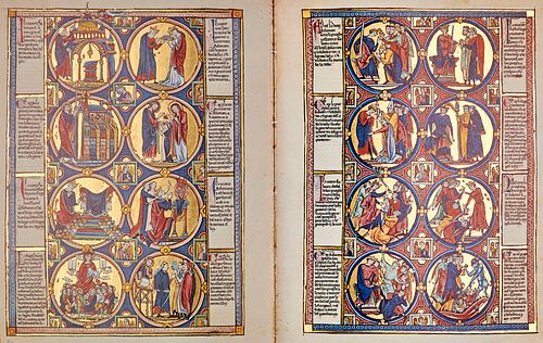   Bible Moralisée. Codex Vindobonensis 2554 (der Österreichischen Nationalbibliothek).  1 ganzs. Vollbild, 1 herald. Seite u. 1032 goldgehöhten Bildme