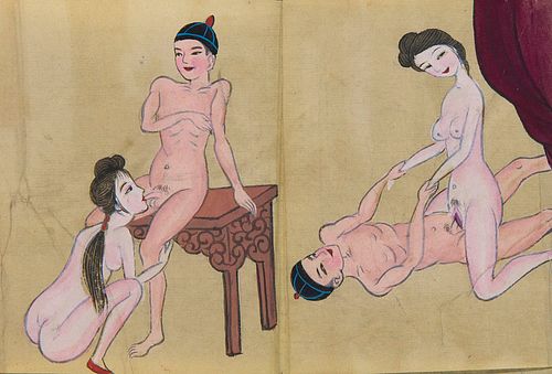   Leporello mit 12 handgemalten erotischen Motiven in Aquarell. China. Späte Qing Dynastie (ca. 1820-1911). Ca. 110 x 12 cm. Umschlag mit beschriftete