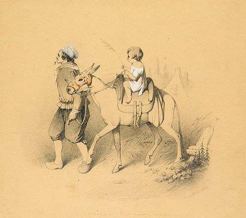 Valerio, Théodore Bauer mit Kind auf einem Esel. 1839. Bleistiftzeichnung auf festem Papier, weiß gehöht und aquarelliert. 18 x 20 cm. Signiert und da