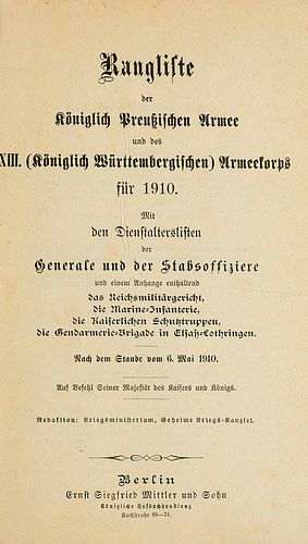   Sammlung von 3 Ranglisten u. 1 Dienstalters-Liste der der Königlich Preußischen Armee. 4 Bde. Berlin, Mittler und Sohn, 1910-1917. 8° u. 4°. Gold- u