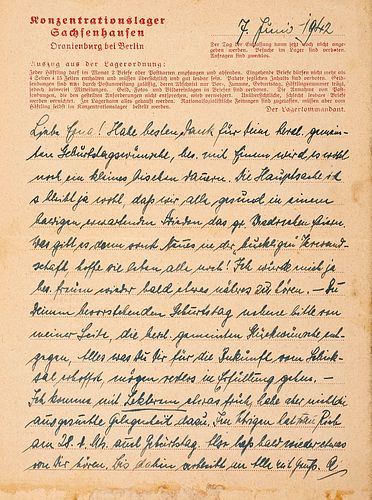   Sammlung von drei eigenhändig verfassten Briefen aus Konzentrationslagern. 1942-1944. Je auf vorgedrucktem Briefpapier des KZ Sachsenhausen bzw. Buc