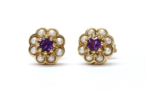 A pair of 9ct gold amethyst and split pearl cluster earrings,
