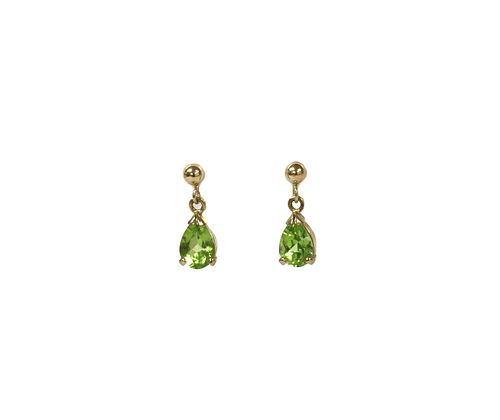 A pair of gold peridot drop earrings,