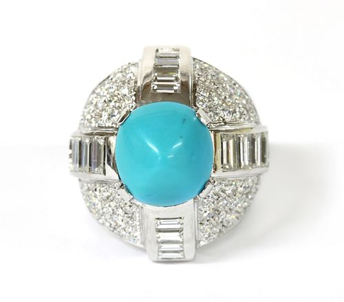 A white gold turquoise and diamond bomb? ring,
