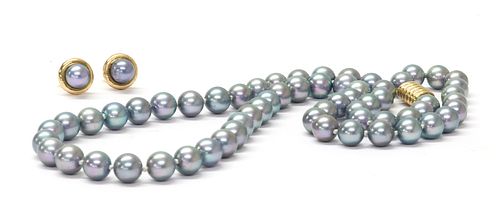A single row uniform dyed cultured pearl necklace,