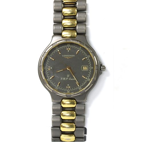 A gentlemen's titanium and gold-plated Longines 'Conquest' quartz bracelet watch,