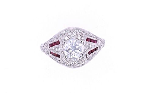 Art Deco Vintage Diamond & Rubies Platinum Ring