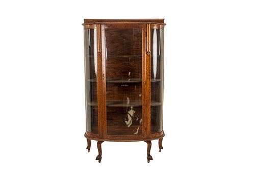 19th Century Tiger Oak Curved Glass Curio Cabinet