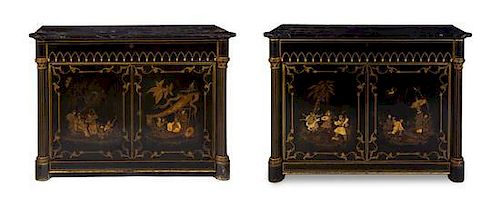 * A Pair of Regency Chinoiserie Lacquered Cabinets, Height 39 x width 51 1/2 x depth 21 inches.