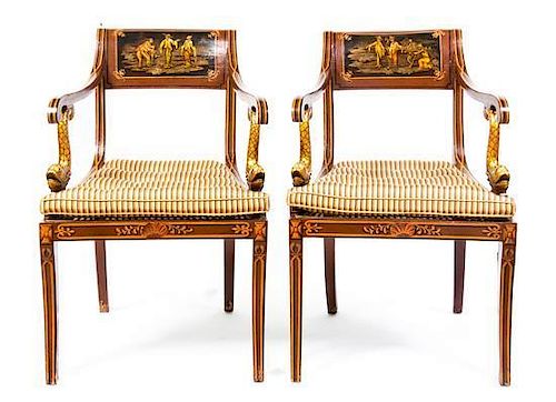 * A Pair of Sheraton Style Chinoiserie Lacquered Armchairs, 19TH CENTURY, Height 32 1/2 inches.