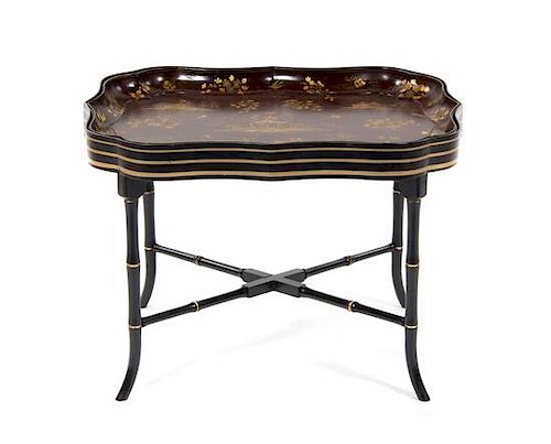 * A Victorian Chinoiserie Papier Mache Tray Table, 19TH CENTURY AND LATER, Height 22 x width 31 x depth 23 1/2 inches.