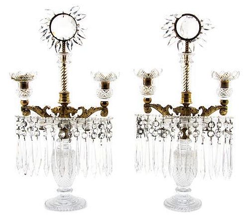 * A Pair of Victorian Gilt Metal and Crystal Two-Light Girandoles, Height 19 1/2 inches.
