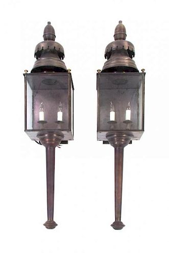 * A Pair of English Style Metal and Glass Lanterns, MCLEAN LIGHTING, Height 41 inches.
