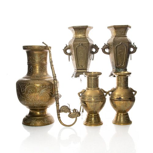 5 Chinese Brass Urns and Smoking Pipe
