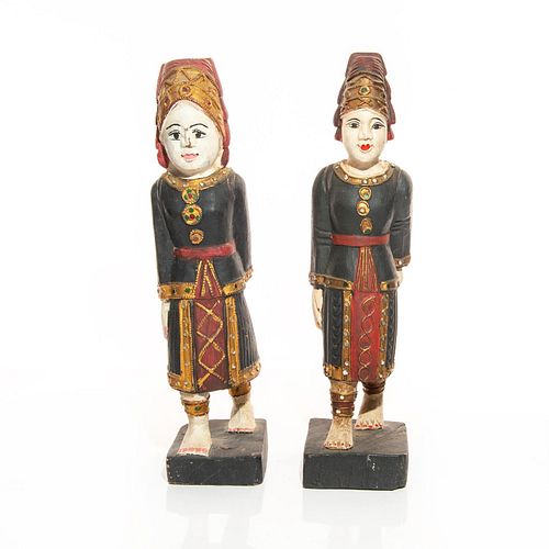 Pair of Thai Carved Wooden Female Figurines