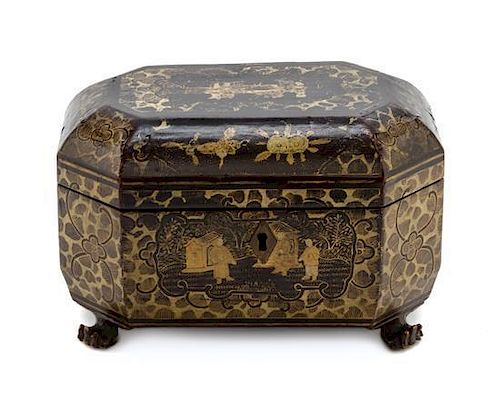* A Regency Lacquered Tea Caddy, SECOND QUARTER 19TH CENTURY, Width 8 inches.