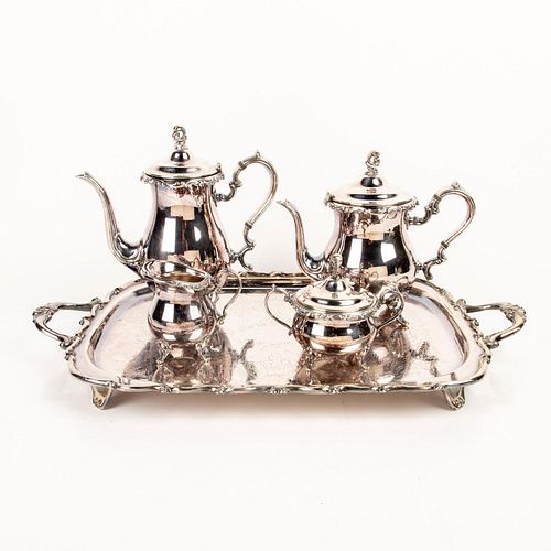A SILVER PLATE TEA SET AND TRAY