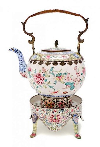 A Canton Enamel Teapot on Warming Stand, Height over handle 11 1/2 inches.