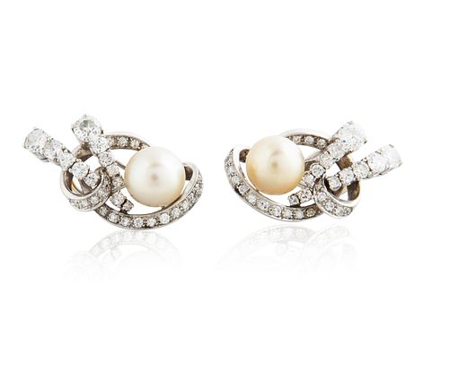 PAIR OF CULTURED YELLOW PEARL, DIAMOND AND WHITE GOLD EARRINGS