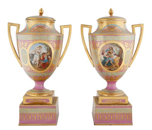 LATE 19TH-EARLY 20TH CENTURY ROYAL VIENNA COVERED PORCELAIN URNS