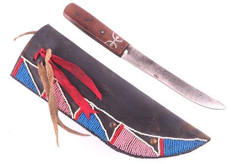 Crow Beaded Harness Leather Sheath & Knife 19th C.