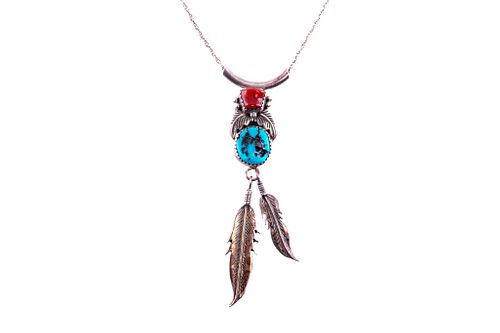 Navajo Secatero Silver Turquoise & Coral Necklace
