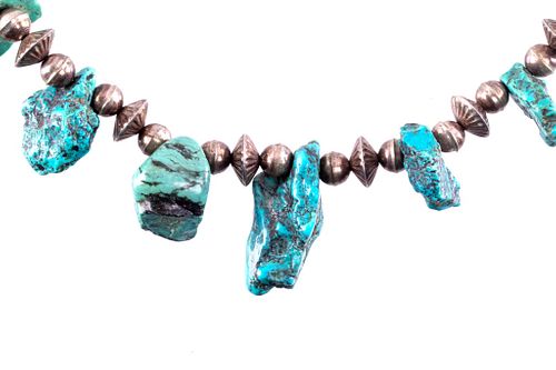Navajo Silver Bead & Turquoise Nugget Necklace
