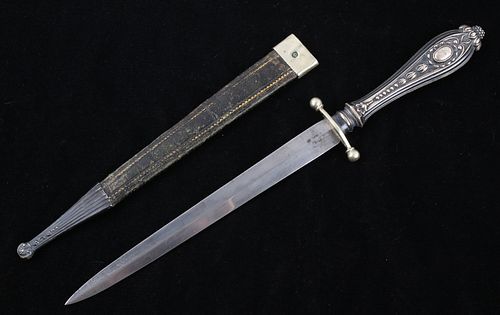 19th Century Embossed Silver Handle Knife & Sheath