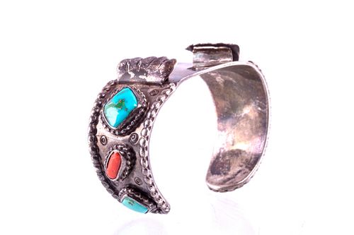 Navajo Silver Turquoise & Coral Bracelet Watchband