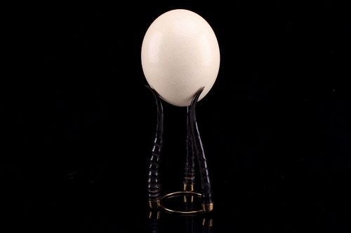 South African San Ostrich Egg & Brass & Horn Stand