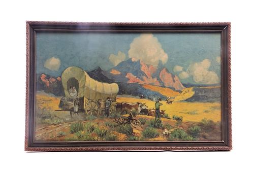 Framed Covered Wagon Lithograph 1928