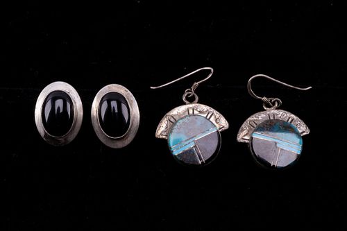 Navajo Silver Black Onyx & Turquoise Earrings