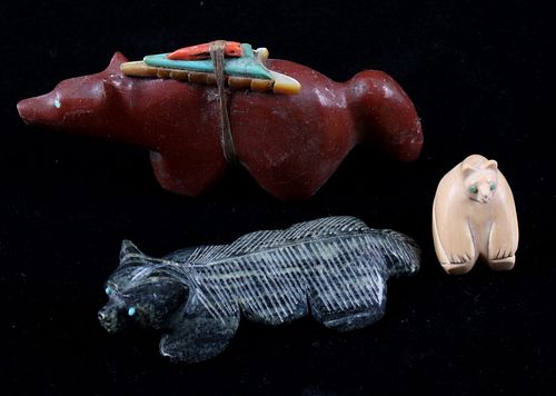 Zuni Hand Carved Bear, Badger & Wolf Fetish Set