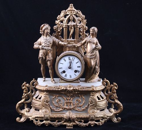 Brass & Glass Cast Figure & Floral Mantle Clock