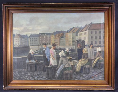 W. BRINK "THE FISH MARKET" OIL ON CANVAS PAINTING