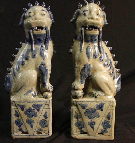 PAIR OF CHINESE BLUE & WHITE PORCELAIN  FOO LIONS