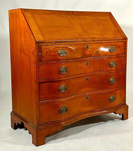 American Chippendale Tiger Maple Oxbow Slant-Front Desk