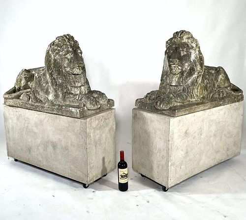 Pair of Cast Stone Recumbent Lions, Early 20thc.