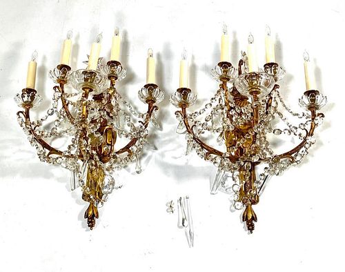 Pair of Brass and Crystal Five Light Wall Sconces -