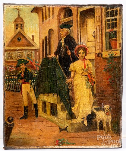 Oil on canvas Revolutionary War town scene, 19th c