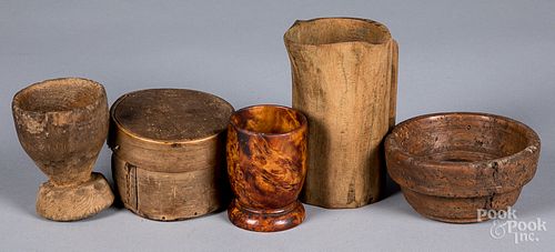 Group of woodenware, to include a burl bowl, etc.