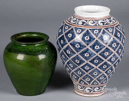 Portuguese pottery vase and French green glaze jar